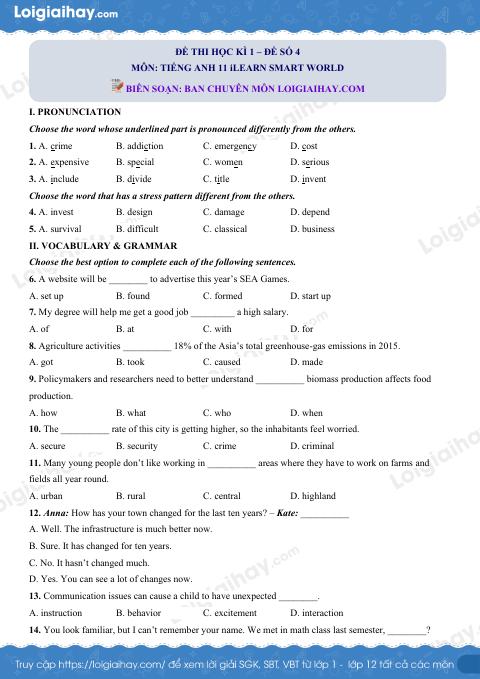 Đề thi học kì 1 Tiếng Anh 11 iLearn Smart World - Đề số 4